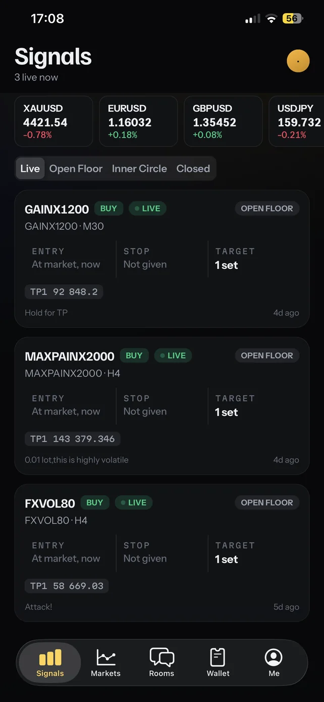 The Signals screen in the Zhou Forex Academy app
